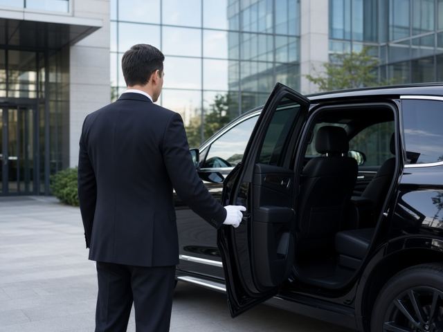 Chauffeur holding the rear door for a business traveler