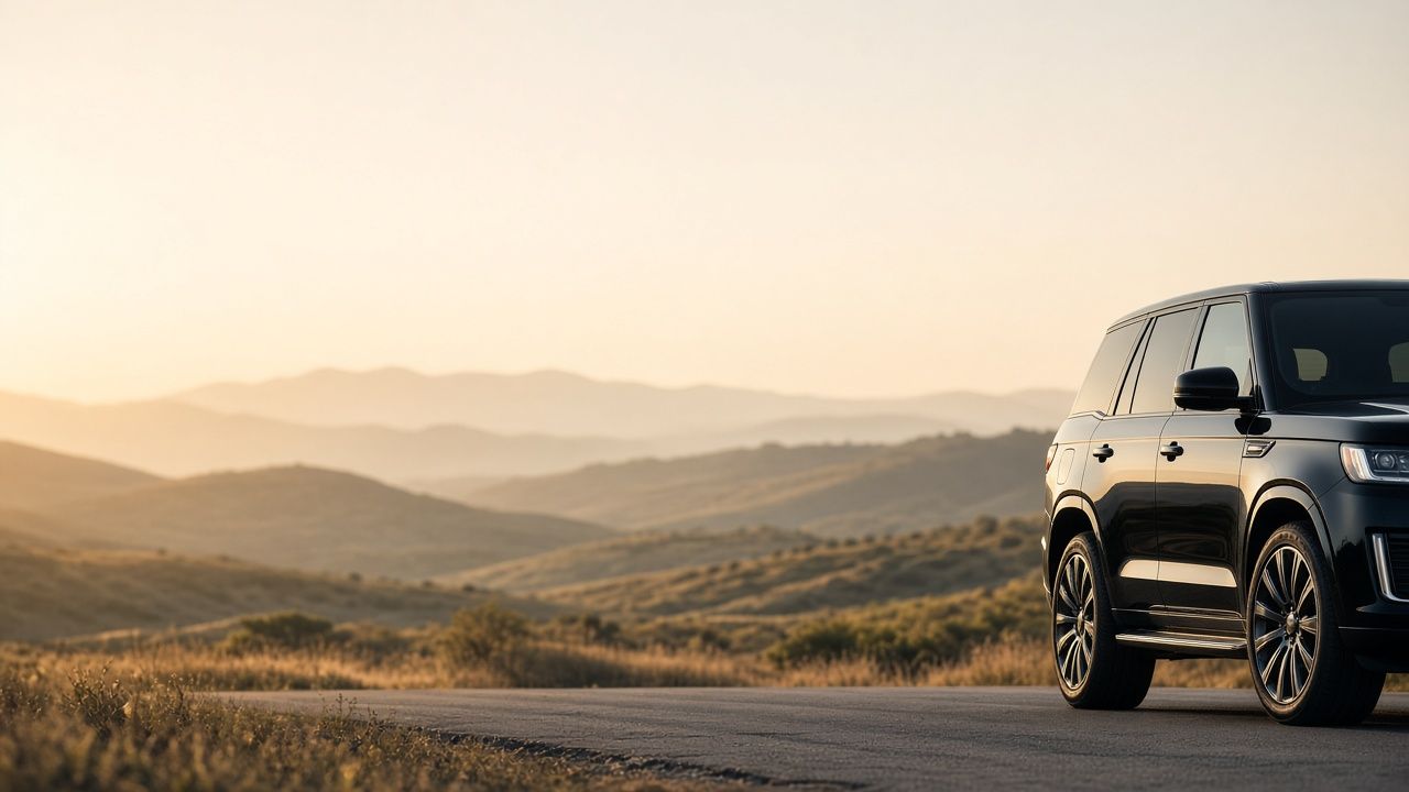 Black luxury SUV parked on a quiet road at golden hour