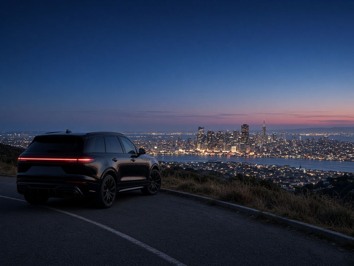 Black SUV overlooking the San Francisco skyline at dusk
