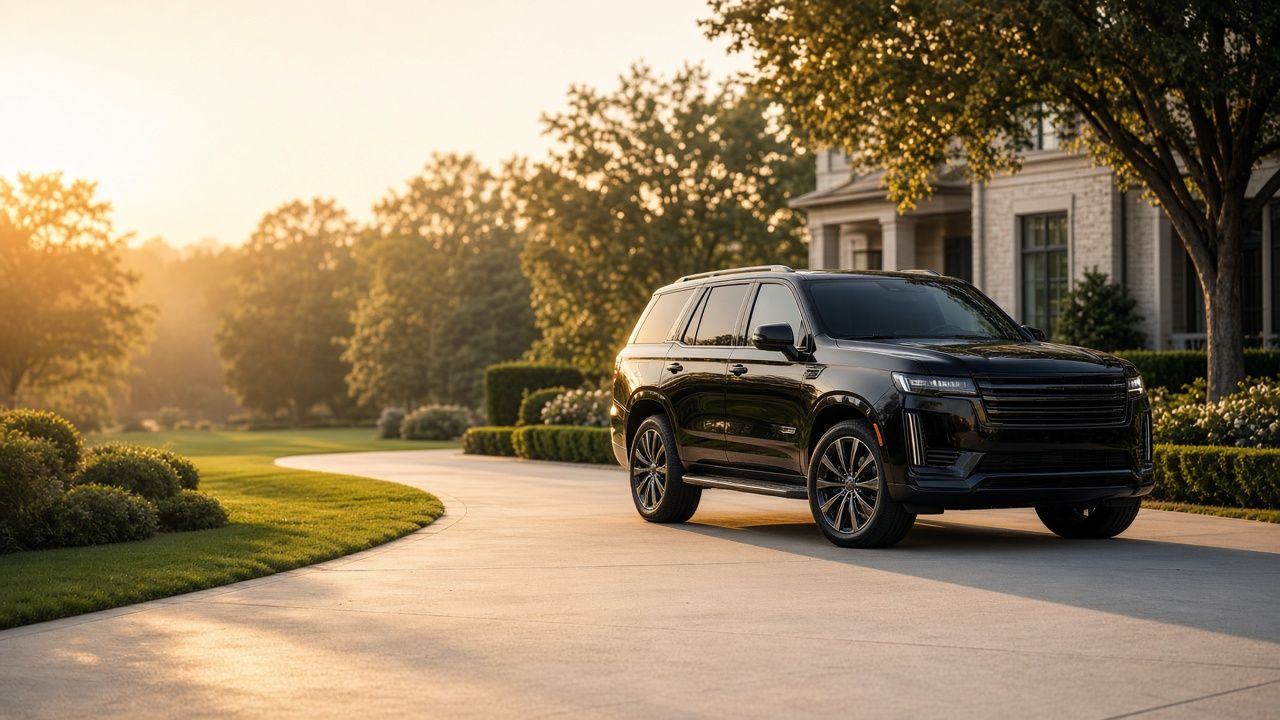 Black luxury SUV parked in a driveway at golden hour